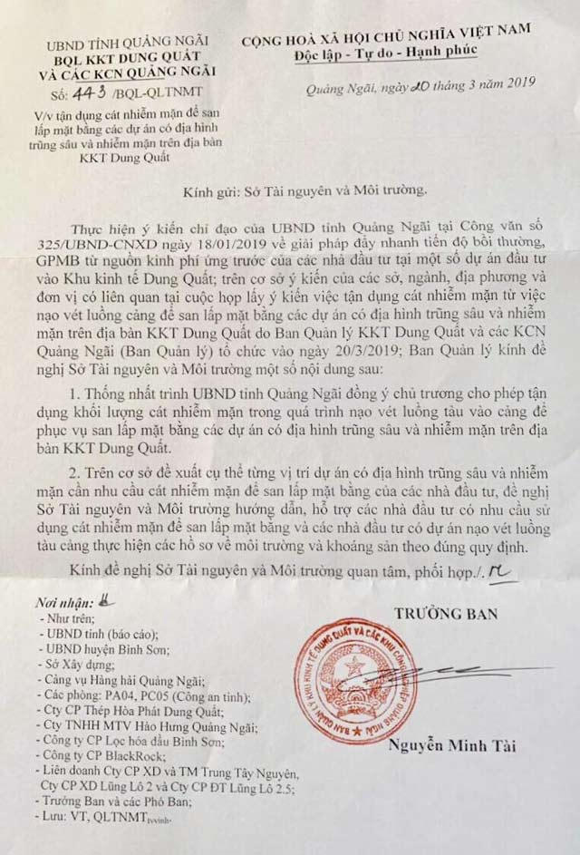Đề xuất thống nhất tận dụng cát nhiễm mặn nạo vét sử dụng san lấp dự án vùng trũng, nhiễm mặn của Ban Quản lý KKT Dung Quất và các Khu công nghiệp tỉnh Quảng Ngãi, nhận được sự đồng tình của nhiều đại diện ban ngành, doanh nghiệp ở địa phương.