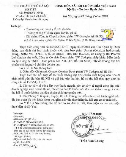 Công văn yêu cầu thu hồi thuốc trên địa bàn Hà Nội.