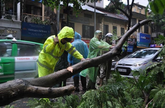 Lực lượng CSGT tham gia vào việc giải phóng các tuyến đường có cây đổ, cản trở giao thông.