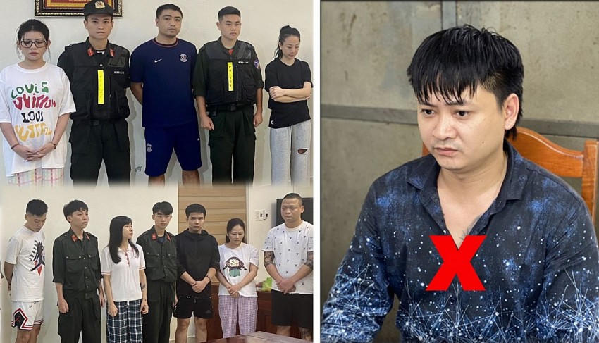 Đỗ Hoàng Hiệp (x) và các đối tượng trong đường dây tàng trữ, mua bán, vận chuyển, tổ chức trái phép chất ma túy bị bắt giữ.