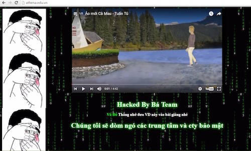 Giao diện của trang athena.edu.vn khi bị hacker tấn công.
