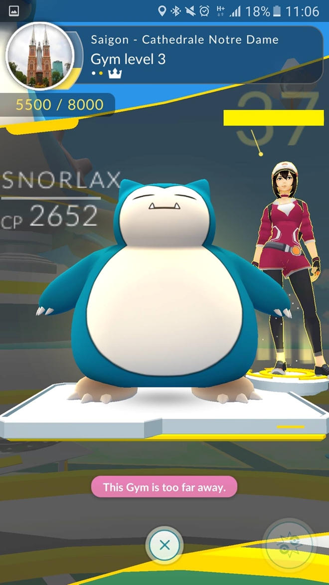 Một người chơi cấp 37 với Pokemon "khủng" đang chiếm phòng Gym nằm tại Nhà thờ Đức Bà, Thành phố Hồ Chí Minh ngay sau khi game ra mắt tại Việt Nam.