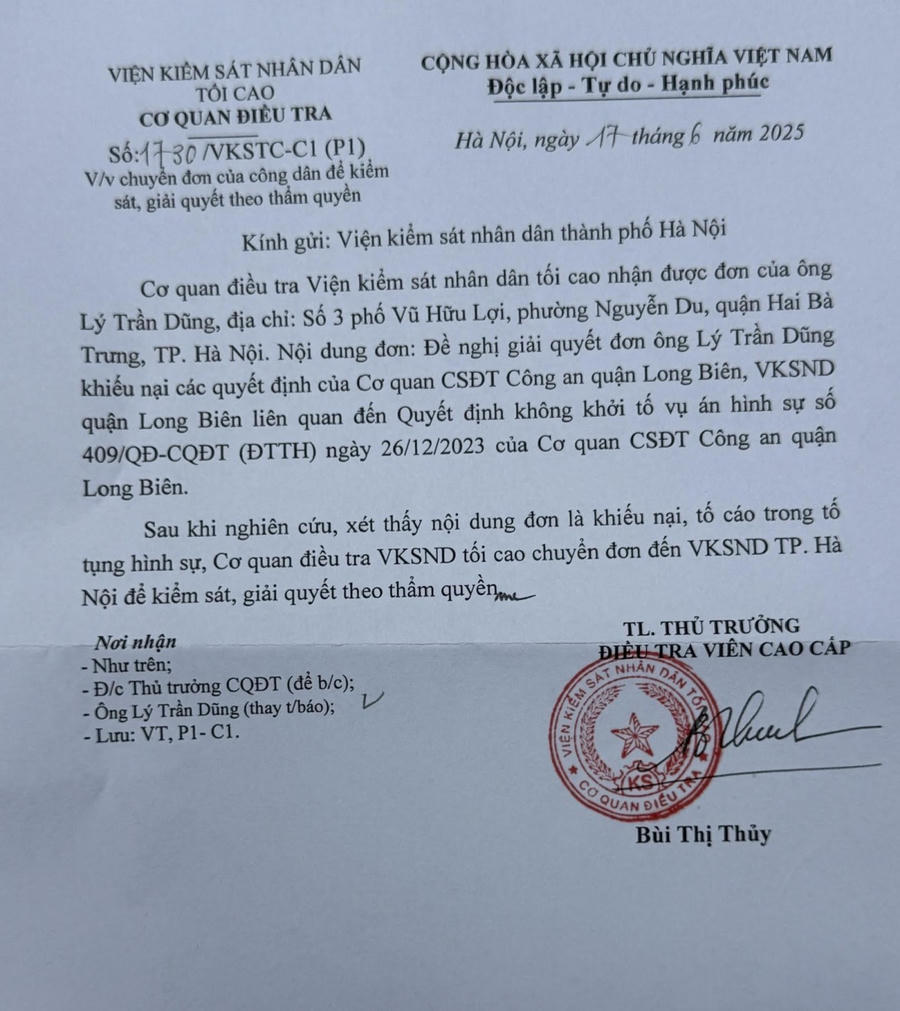 Văn bản của Cơ quan điều tra VKSND Tối cao gửi VKSND TP Hà Nội về việc chuyển đơn của công dân để kiểm sát, giải quyết theo thẩm quyền.