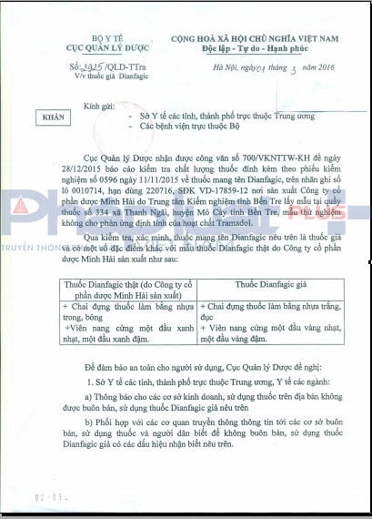 Công văn của Cục Quản lý dược gửi Sở y tế các tỉnh, thành phố, các bệnh viện trực thuộc Bộ.