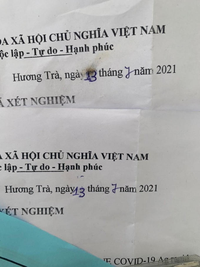 Giấy xét nghiệm bị tẩy xóa ngày tháng nhằm qua mắt lực lượng chức năng.
