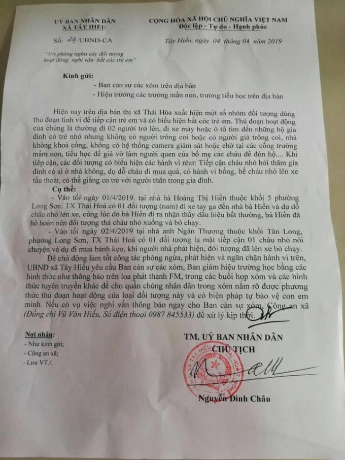 Văn bản phòng ngừa các đối tượng hoạt động nghi vấn bắt cóc trẻ em