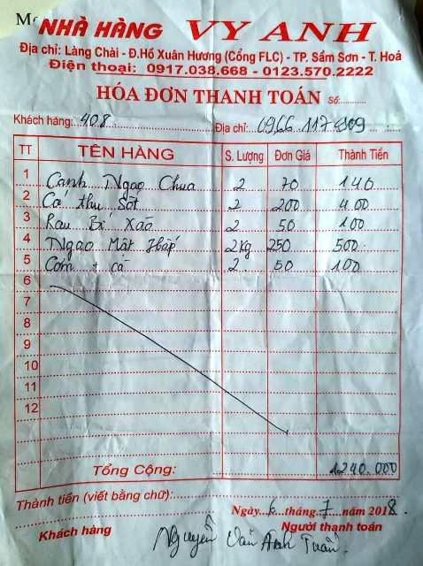 Hóa đơn bữa ăn thứ 2 của đoàn du khách 16 người đến từ Yên Bái.