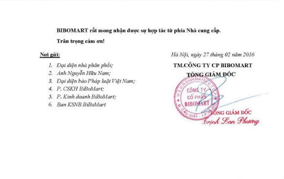 Văn bản Công ty Cổ phần BiBo Mart gửi tới Pháp Luật PLus và các bên liên quan có nội dung yêu cầu phía nhà cung cấp trả lời chính thức cho khách hàng trước ngày 1/3/2016.