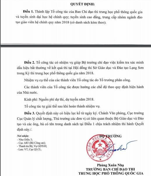 Quyết định lập tổ công tác rà soát ở điểm thi Lạng Sơn.