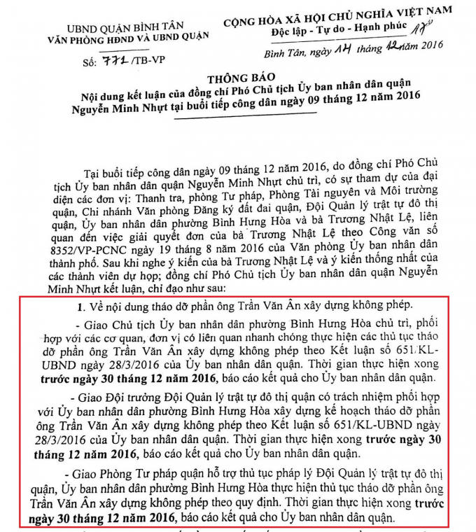 Thông báo số 771/TB-VP của UBND quận Bình Tân.