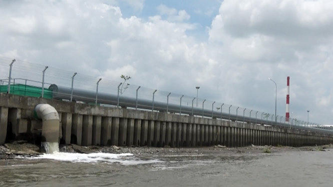 Một ống xả thải của Nhà máy giấy Lee & Man ra sông Hậu - (Ảnh: T.TRÌNH - báo Tuổi trẻ)