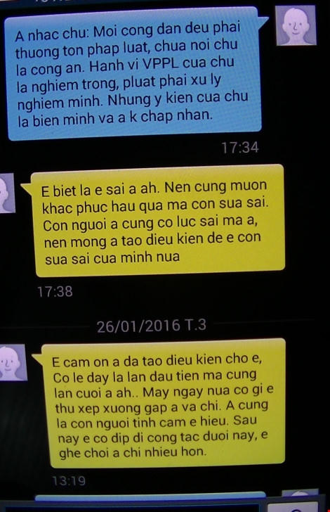 Tin nhắn được cho là từ số điện thoại của ông Bình xin xỏ ông Lợi bỏ qua, không tố cáo.