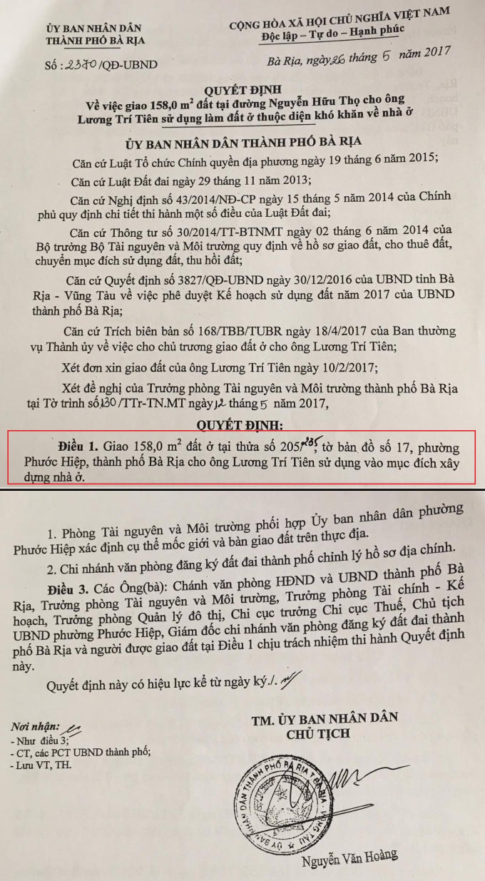 Quyết định số 2370/QĐ-UBND của UBND TP Bà Rịa giao 158m2 đất cho ông Lương Trí Tiên.