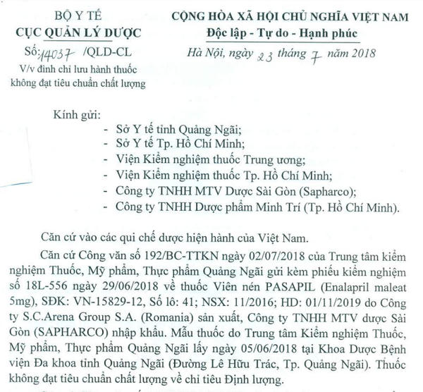 Đình chỉ lưu hành thuốc tim mạch Pasapil kém chất lượng