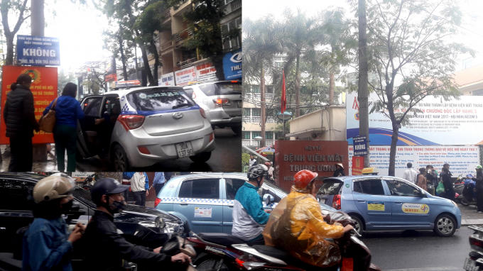 Việc dừng đỗ, đón trả khách của những chiếc taxi khiến đường Bà Triệu đoạn qua Bện viện Mắt Trung ương thường xuyên ùn tắc.