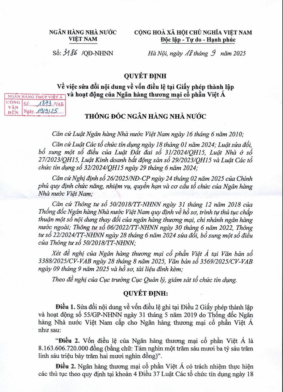 VIETABANK thông báo về việc sửa đổi nội dung về vốn điều lệ tại giấy phép thành lập và hoạt động.
					
				
			
			VIETABANK thông báo về việc sửa đổi nội dung về vốn điều lệ tại giấy phép thành lập và hoạt động.