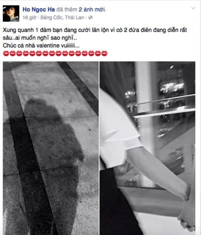 Bức ảnh và dòng trạng thái được Hồ Ngọc Hà chia sẻ trong ngày lễ Valentine vừa rồi. Ảnh: facebook.
