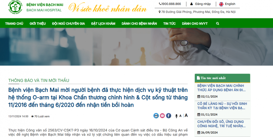 Bệnh viện Bạch Mai thông báo người bệnh đến nhận tiền bồi hoàn. (Ảnh chụp màn hình)