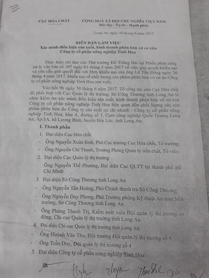 Biên bản làm việc ngày 30/6/2017 của Cục Hóa chất.