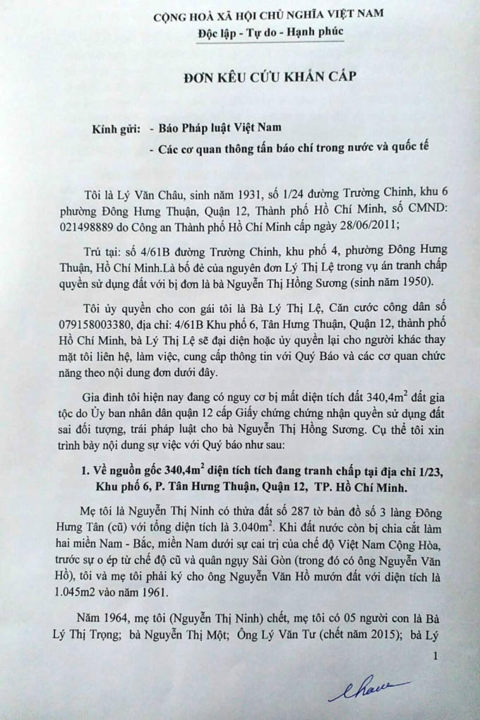 Đơn kêu cứu của ông Lý Văn Châu.