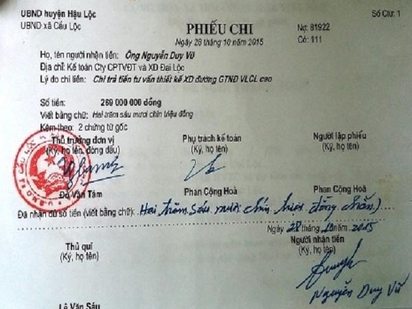 Số tiền 269 triệu đồng từ ngân sách của tỉnh chi trả cho Cty Đại Lộc.