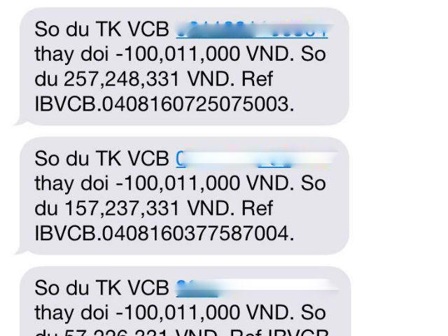 Vietcombank gửi tin nhắn về thay đổi số dư tài khoản của chị Hương với 4 lần giao dịch qua thẻ, 3 lần giao dịch qua InternetBanking mà không có mã OTP.
