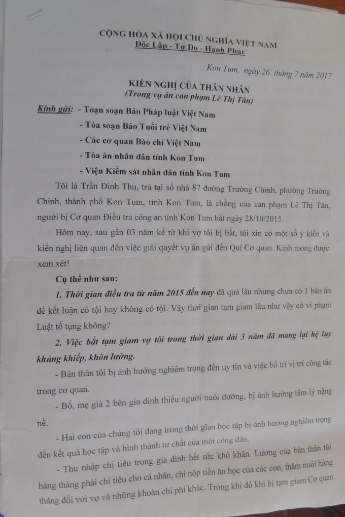 Đơn kêu oan của ông Trần Đình Thu (chồng Lê Thị Tân) gửi đến các cơ quan báo chí.