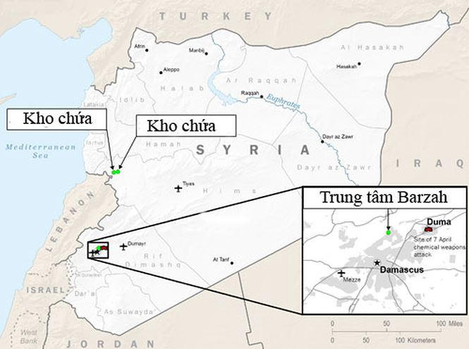 Ba mục tiêu ở tỉnh Homs và Damascus bị Mỹ và đồng minh tấn công. Đồ họa: BQP Mỹ.