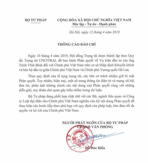 Thông cáo báo chí về Vụ kiện đầu tư của ông Trịnh Vĩnh Bình.