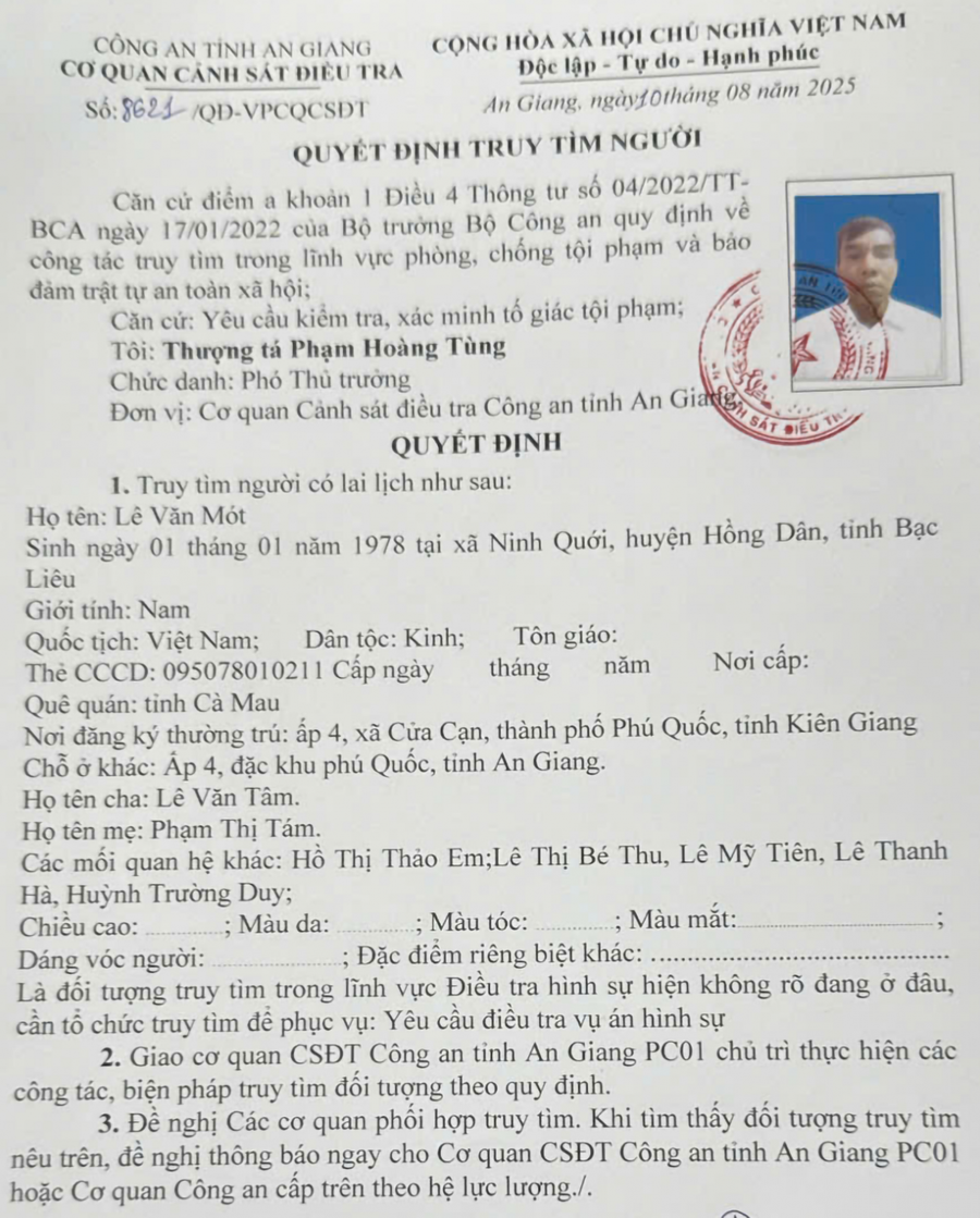 Quyết định truy tìm đối tượng Lê Văn Mót.