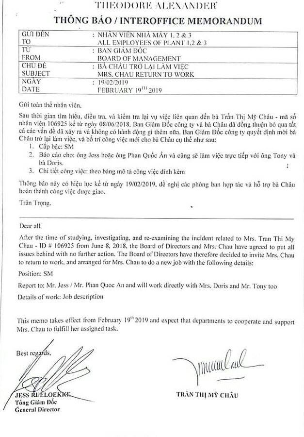 Văn bản của ông Tổng giám đốc (Ảnh do chị Trần Thị Mỹ Châu cung cấp).