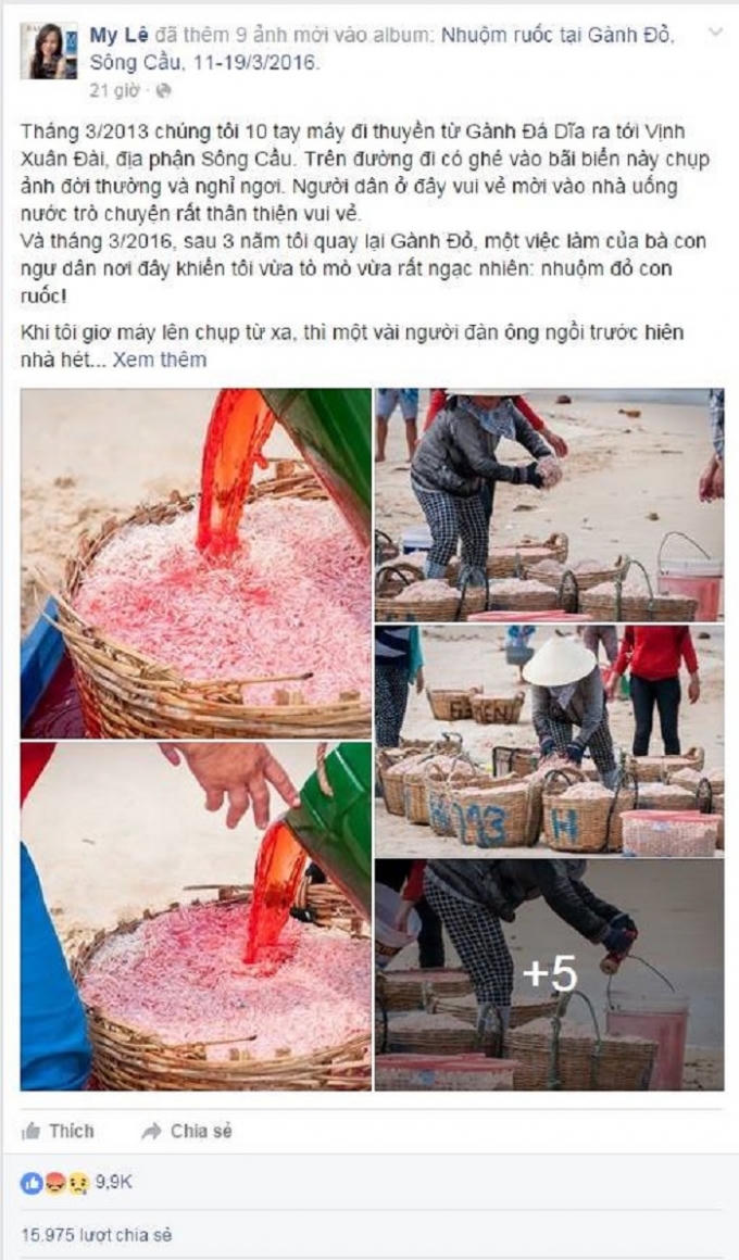 Những hình ảnh ướp ruốc bằng phẩm màu, hóa chất độc hạị đang gây “sốc” cho cư dân mạng.   (Ảnh: FB My Lê)