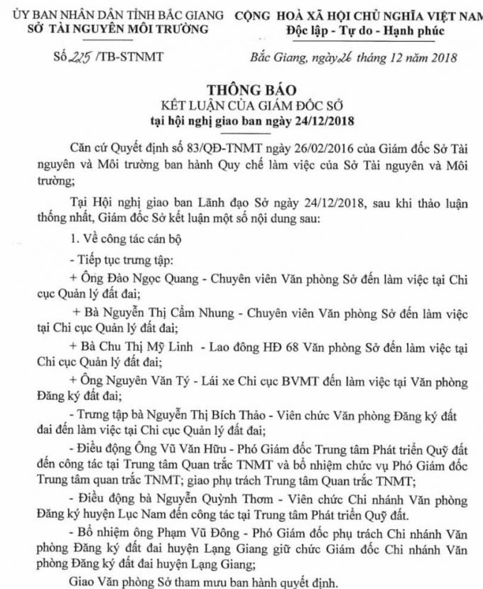 Nhiều nhân sự đã thay đổi vị trí công tác tại Sở TN&amp;MT tỉnh Bắc Giang.