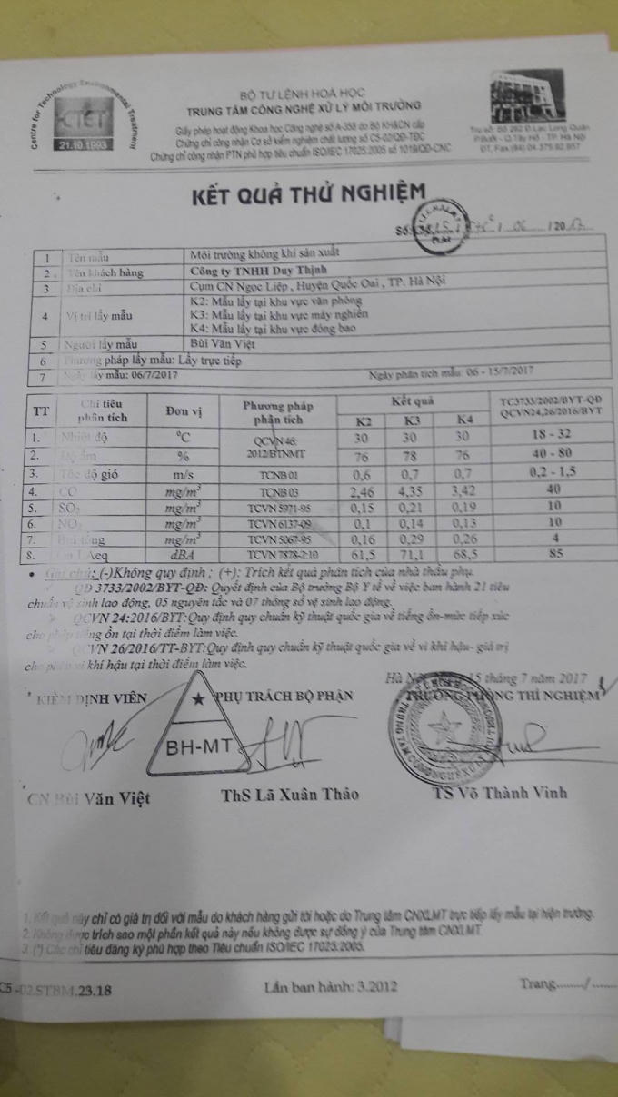 Kết quả thử nghiệm đã được cơ quan chức năng xác định.