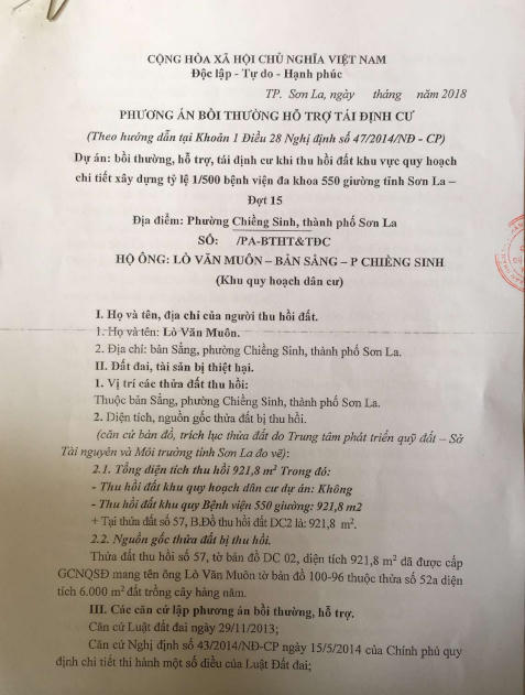 Phương án bồi thường cho hộ ông Lò Văn Muôn.