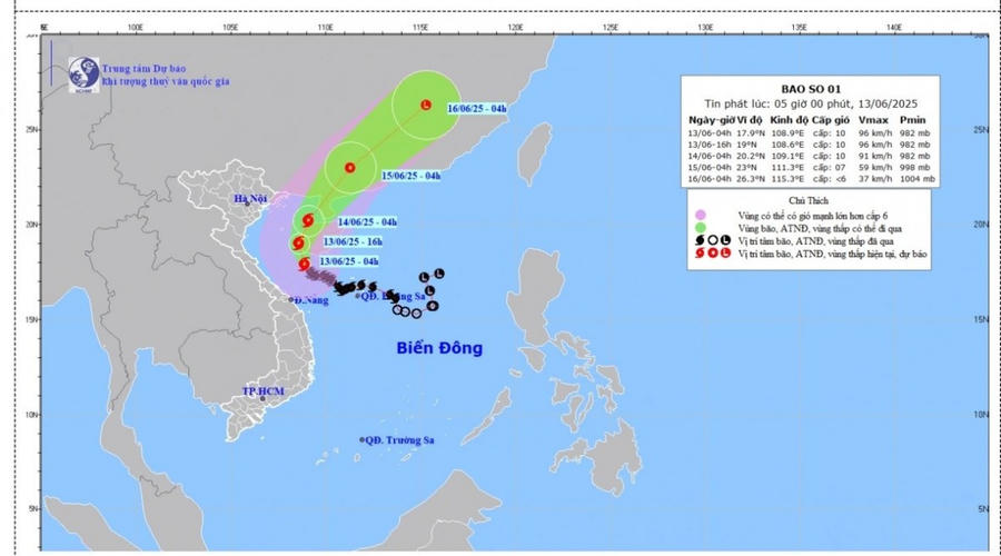 Bản đồ dự báo quỹ đạo và cường độ bão số 01 lúc 05h00 ngày 13/6/2025.