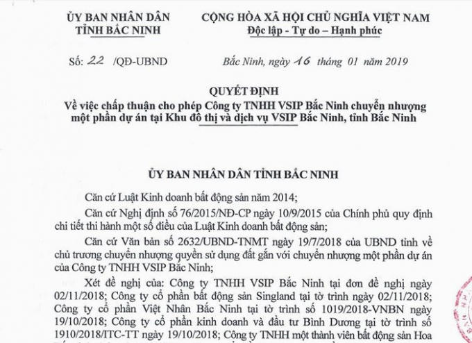 Quyết định của UBND tỉnh Bắc Ninh chấp thuận cho Công ty TNHH VSIP Bắc Ninh chuyển nhượng một phần dự án Khu đô thị và dịch vụ VSIP Bắc Ninh cho 5 đối tác.