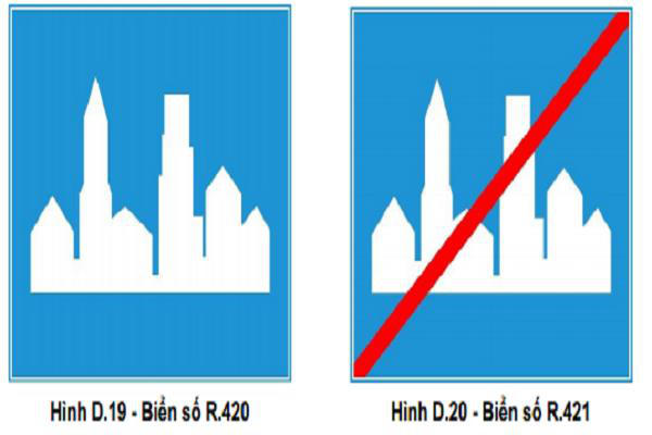 Biển báo "bắt đầu khu đông dân cư - R.420', biển "hết khu đông dân cư - R.421"