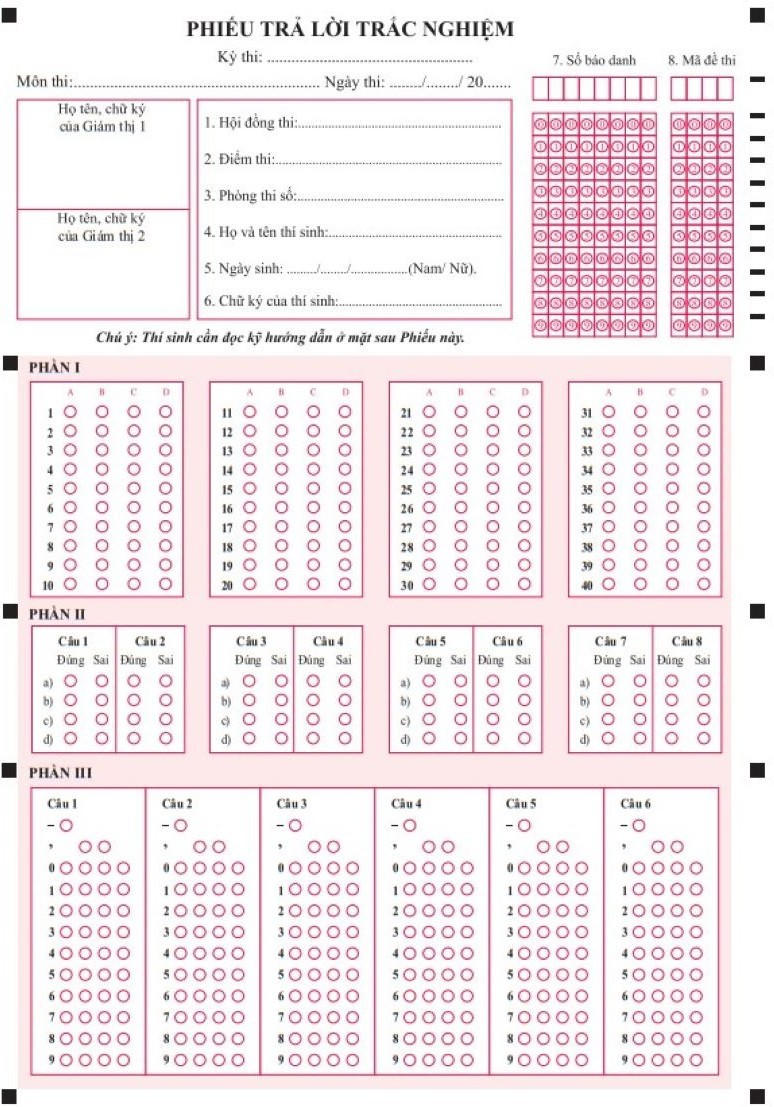 Mẫu phiếu trắc nghiệm thi tốt nghiệp THPT.