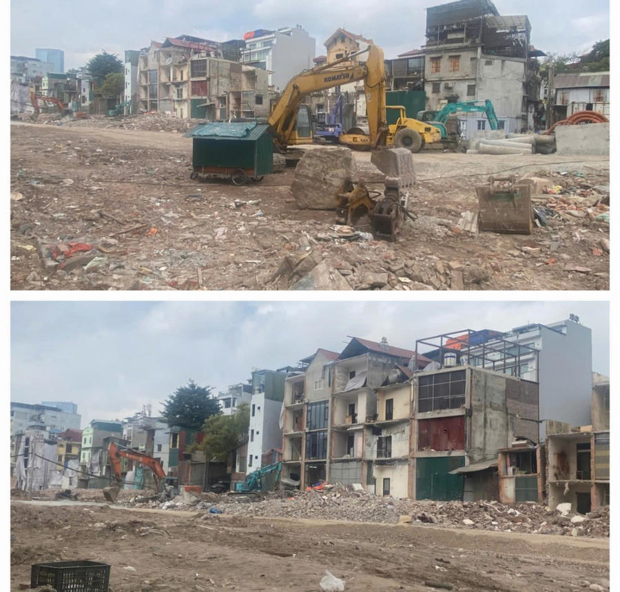 Một dải phố cũ nay trở thành đại công trường với những đống đất thải, máy móc thi công và những ngôi nhà phá dỡ dang dở.
