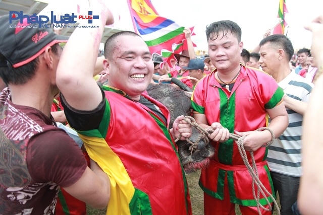 Niềm vui của đôi dành chiến thắng tại hội chọi Trâu Đồ Sơn 2016.