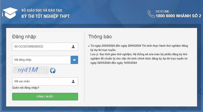 Giao diện đăng ký thi tốt nghiệp THPT trực tuyến.
