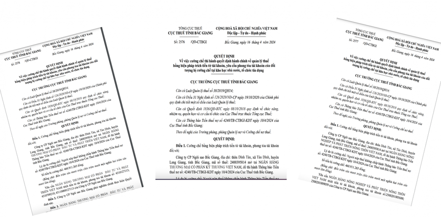 Hàng loạt các Quyết định của Cục thuế Bắc Giang về việc trích tiền từ tài khoản, phong toả tài khoản đối với Công ty CP Ngôi sao Bắc Giang.