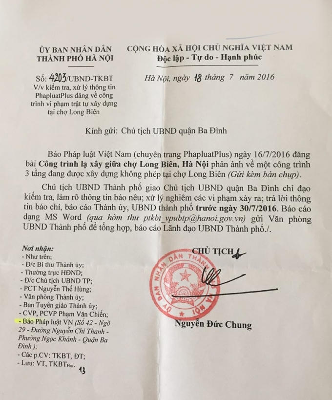 Công văn của Chủ tịch TP Hà Nội Nguyễn Đức Chung.