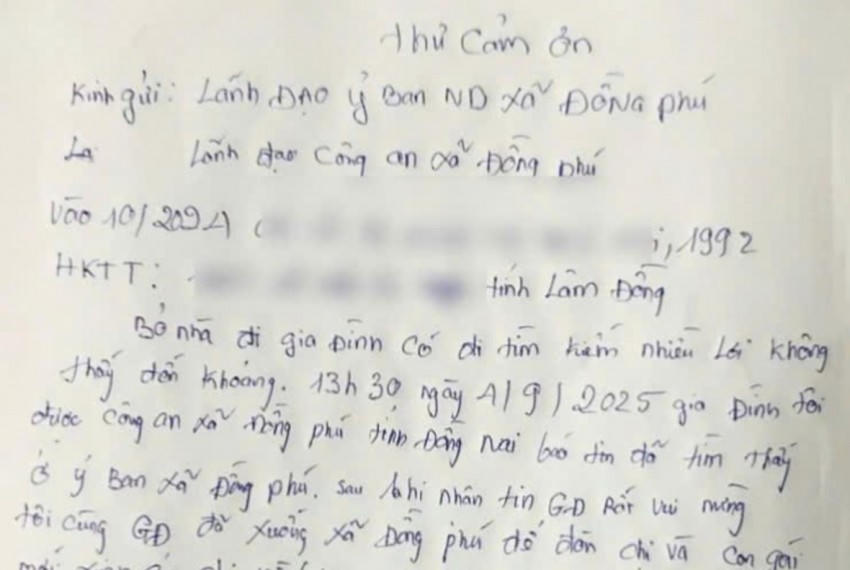 Thư người nhà cảm ơn Công an Đồng Nai.