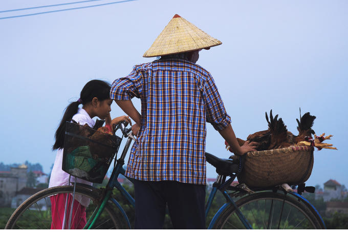 Một em bé theo mẹ đi chợ  từ rất sớm, hai mẹ con đến chợ để bán những con gà do nhà mình nuôi