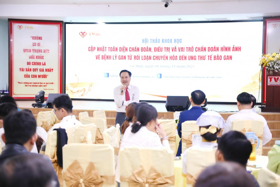 ThS.BS Phạm Thanh Vũ – Chủ tịch HĐQT Bệnh viện Đa khoa Thanh Vũ Medic Bạc Liêu, phát biểu tại Hội thảo “Cập nhật toàn diện chẩn đoán, điều trị và vai trò chẩn đoán hình ảnh trong bệnh lý gan, từ rối loạn chuyển hóa đến ung thư tế bào gan”.