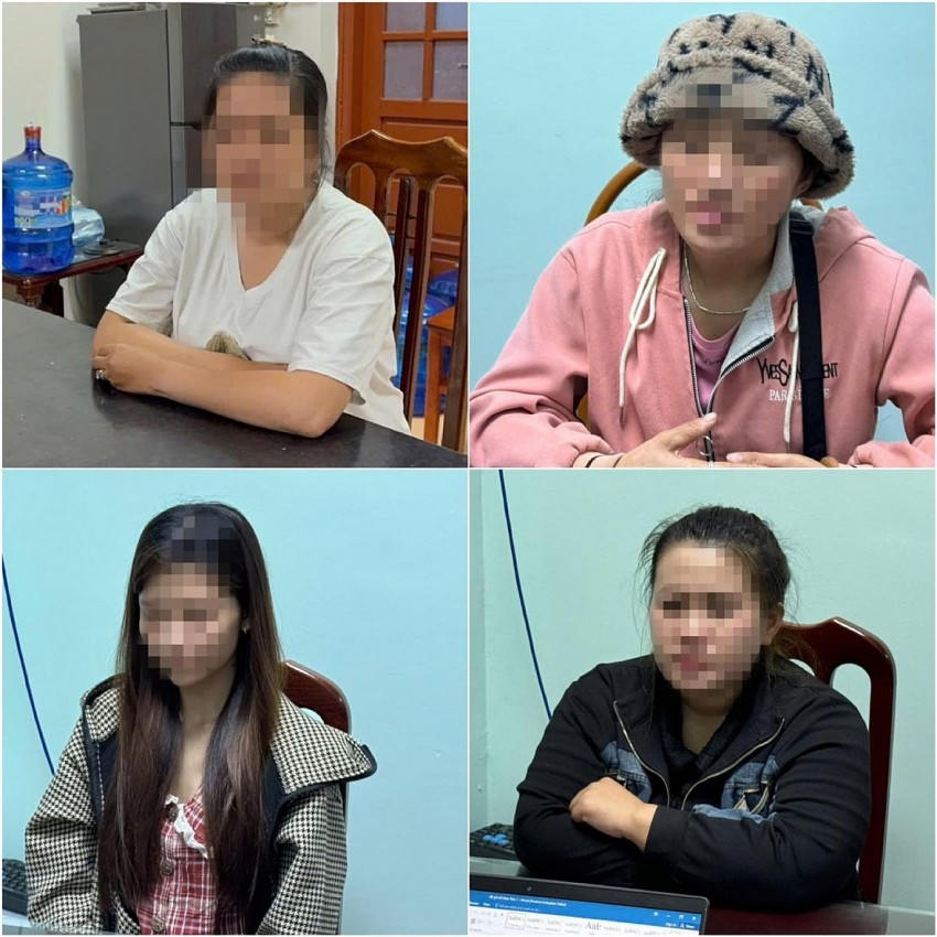 Nhóm đối tượng bị bắt giữ để điều tra về hành vi mua bán người dưới 16 tuổi. Ảnh CA Hoà Bình.