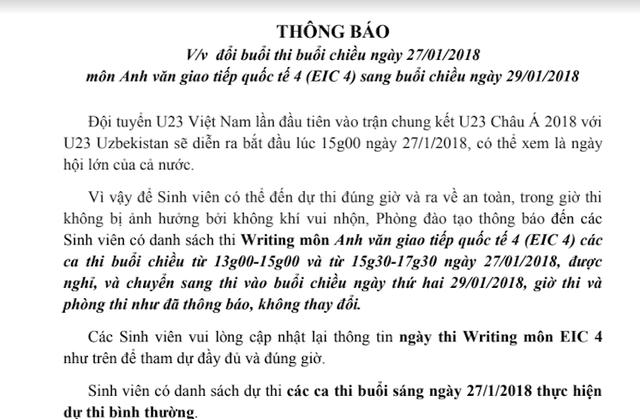 Thông báo của phòng Đào tạo trường ĐH Hoa Sen về việc dời lịch thi trong ngày U23 Việt Nam đá trận chung kết.