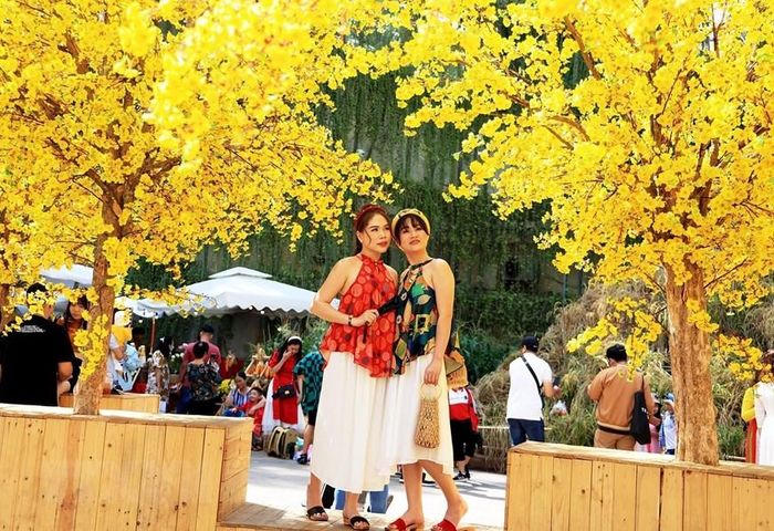 Người dân và du khách tham quan, trải nghiệm không gian mai vàng giữa trung tâm Thành phố Hồ Chí Minh ngày 29 Tết. (Ảnh: Hồng Đạt/TTXVN)